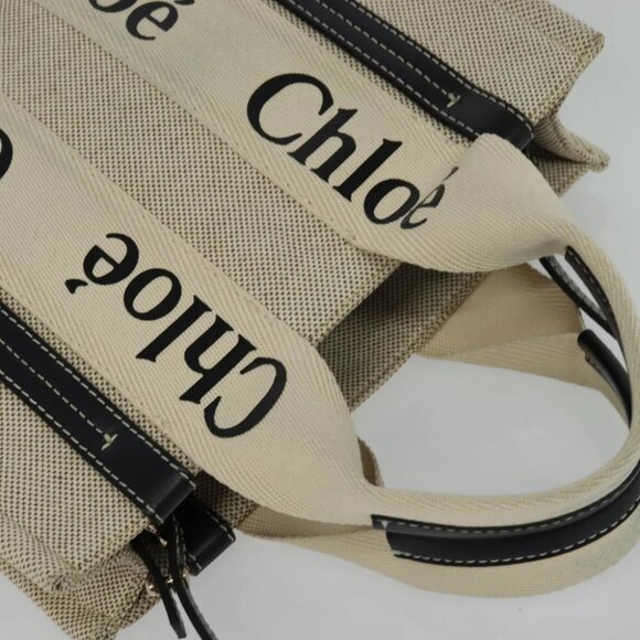 Chloe Woody Small Hand Bag Canvas 2way Beige Silver Auth am8330 - Picture 7 of 16